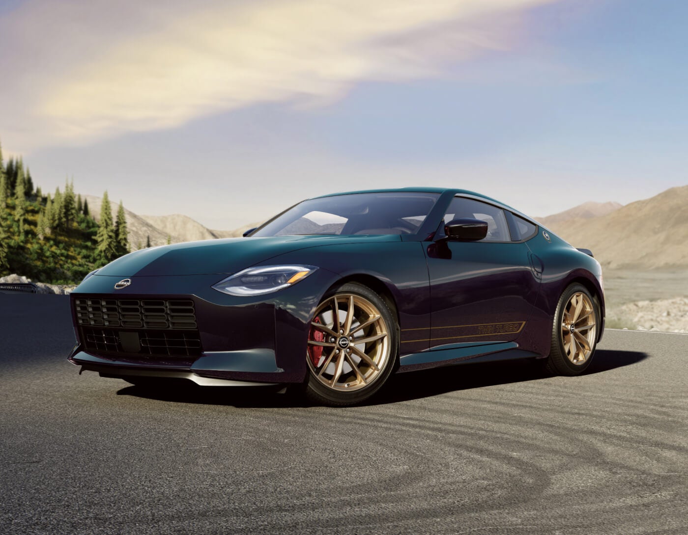 Front three-quarter exterior view of a black 2027 Nissan Z Heritage Edition parked in a mountain clearing.