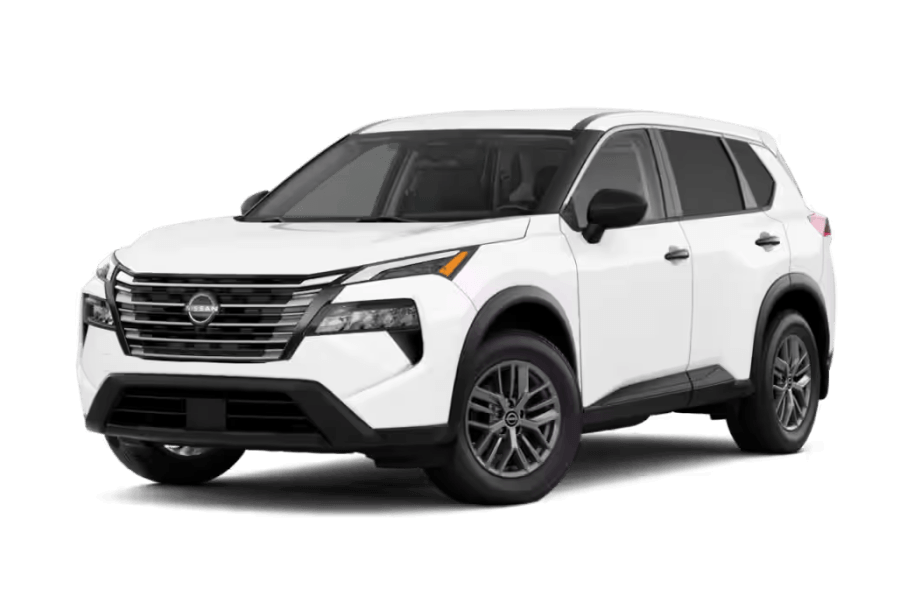 2026.5 Nissan Rogue S in Glacier White in three quarter angle.