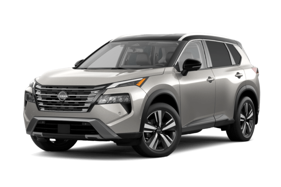 2025 Nissan Rogue SL in Champagne Silver Metallic in three quarter angle.