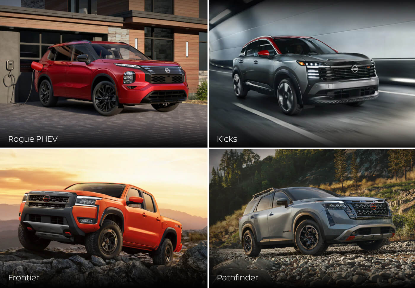 Four-way split image of a red Rogue PHEV plugged in, silver Kicks driving through a tunnel, orange Frontier off-roading and blue Pathfinder on gravel.